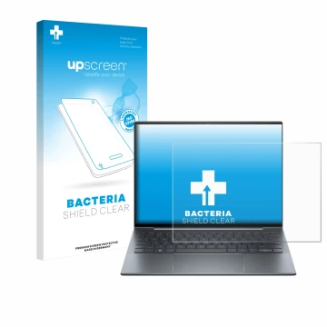 Face avant d’un emballage produit avec le logo de la marque upscreen. À côté, l’appareil HP Dragonfly 13.5