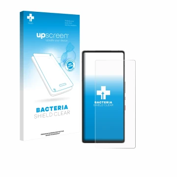 Face avant d’un emballage produit avec le logo de la marque upscreen. À côté, l’appareil ZTE Nubia Red Magic 10 Air est représ