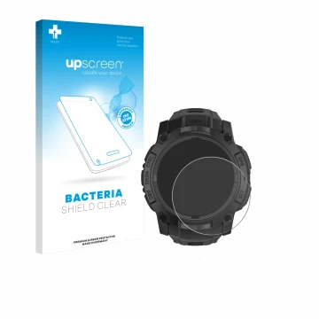 Face avant d’un emballage produit avec le logo de la marque upscreen. À côté, l’appareil Garmin Instinct 3 Tactical AMOLED Edi