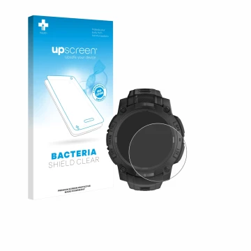Face avant d’un emballage produit avec le logo de la marque upscreen. À côté, l’appareil Garmin Instinct 3 Solar Tactical Edit