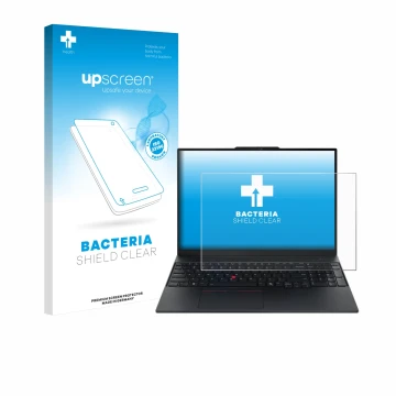 Face avant d’un emballage produit avec le logo de la marque upscreen. À côté, l’appareil Lenovo ThinkPad E16 Gen 3 est représe