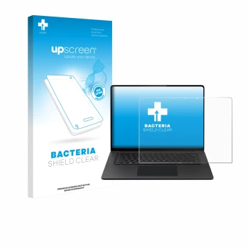 Face avant d’un emballage produit avec le logo de la marque upscreen. À côté, l’appareil Microsoft Surface Laptop 15