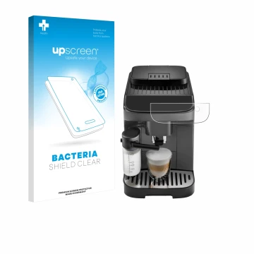 Face avant d’un emballage produit avec le logo de la marque upscreen. À côté, l’appareil DeLonghi Magnifica Evo est représenté