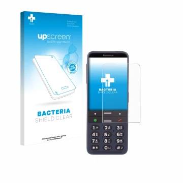 Face avant d’un emballage produit avec le logo de la marque upscreen. À côté, l’appareil BlindShell Classic 3 est représenté a