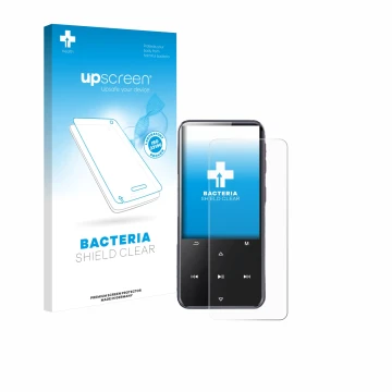 Face avant d’un emballage produit avec le logo de la marque upscreen. À côté, l’appareil AGPtek M3 est représenté avec la prot