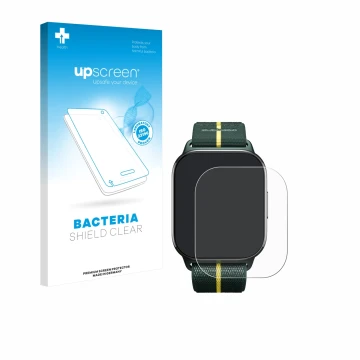 Face avant d’un emballage produit avec le logo de la marque upscreen. À côté, l’appareil Motorola Moto watch fit est représent