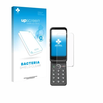 Face avant d’un emballage produit avec le logo de la marque upscreen. À côté, l’appareil Doro Aurora A20 est représenté avec l