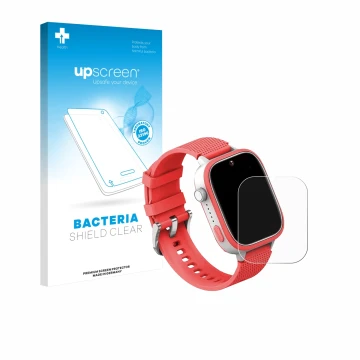 Face avant d’un emballage produit avec le logo de la marque upscreen. À côté, l’appareil AngelTech Kids Smartwatch Ultra 1.83