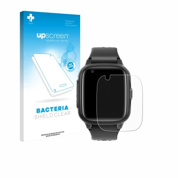 Face avant d’un emballage produit avec le logo de la marque upscreen. À côté, l’appareil Krostming Kids Smartwatch GPS 4G est 