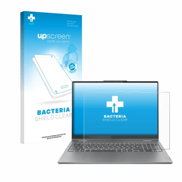 Face avant d’un emballage produit avec le logo de la marque upscreen. À côté, l’appareil Lenovo IdeaPad 5 2-in-1 Gen 10 16