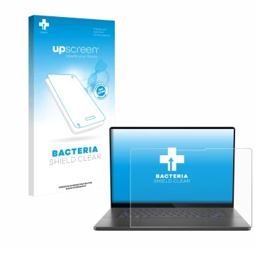 Face avant d’un emballage produit avec le logo de la marque upscreen. À côté, l’appareil ASUS ROG Zephyrus G16 2025 est représ