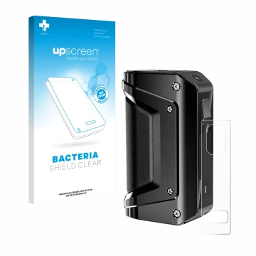 Face avant d’un emballage produit avec le logo de la marque upscreen. À côté, l’appareil GeekVape Aegis Legend 3 est représent