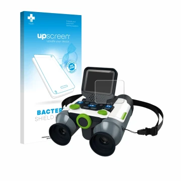 Face avant d’un emballage produit avec le logo de la marque upscreen. À côté, l’appareil Vtech Jumelles vidéo interactive est 