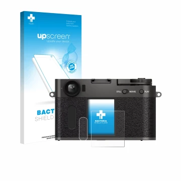 Face avant d’un emballage produit avec le logo de la marque upscreen. À côté, l’appareil Fujifilm X Half X-HF1 est représenté 