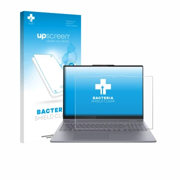 Face avant d’un emballage produit avec le logo de la marque upscreen. À côté, l’appareil Lenovo IdeaPad 5 2-in-1 14AKP10 est r