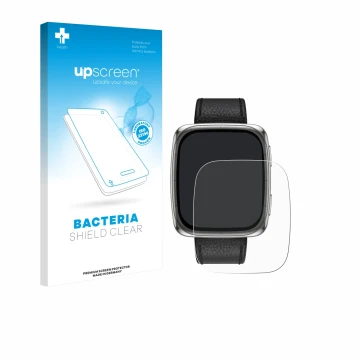 Face avant d’un emballage produit avec le logo de la marque upscreen. À côté, l’appareil Amazfit Active 2 (rectangulaire) est 