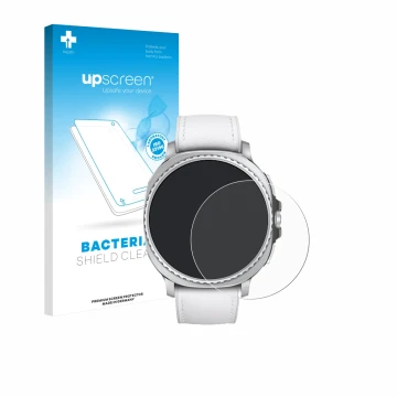 Face avant d’un emballage produit avec le logo de la marque upscreen. À côté, l’appareil Samsung Galaxy Watch 8 Classic (46 mm
