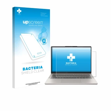 Face avant d’un emballage produit avec le logo de la marque upscreen. À côté, l’appareil Lenovo Chromebook Plus 14 est représe