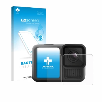 Face avant d’un emballage produit avec le logo de la marque upscreen. À côté, l’appareil GoPro Hero 13 Black Ultra Wide Editio