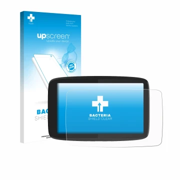 Face avant d’un emballage produit avec le logo de la marque upscreen. À côté, l’appareil TomTom GO Camper Tour est représenté 