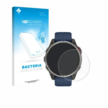 Face avant d’un emballage produit avec le logo de la marque upscreen. À côté, l’appareil Garmin quatix 8 (47 mm) est représent