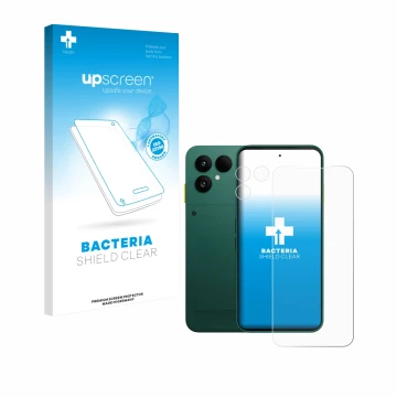 Face avant d’un emballage produit avec le logo de la marque upscreen. À côté, l’appareil Fairphone 6 (Avant+Caméra) est représ