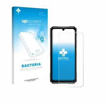 Face avant d’un emballage produit avec le logo de la marque upscreen. À côté, l’appareil Doogee Blade GT Pro est représenté av