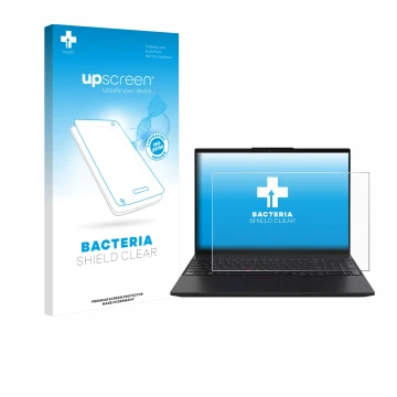 Face avant d’un emballage produit avec le logo de la marque upscreen. À côté, l’appareil Lenovo ThinkPad L16 Gen 2 est représe