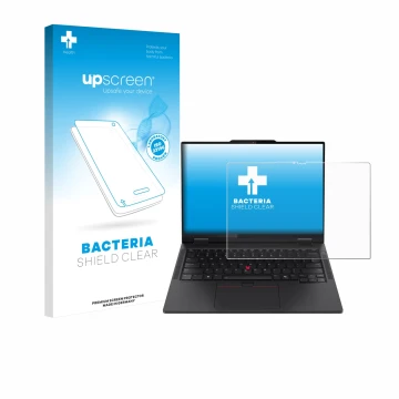 Face avant d’un emballage produit avec le logo de la marque upscreen. À côté, l’appareil Lenovo ThinkPad T14s 2-in-1 est repré