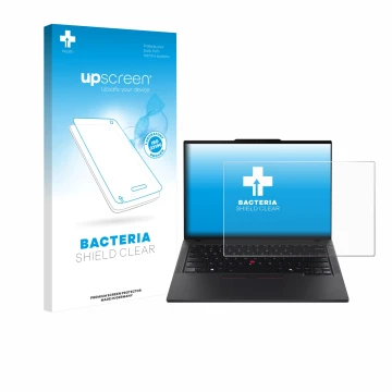 Face avant d’un emballage produit avec le logo de la marque upscreen. À côté, l’appareil Lenovo ThinkPad T14 Gen 6 est représe