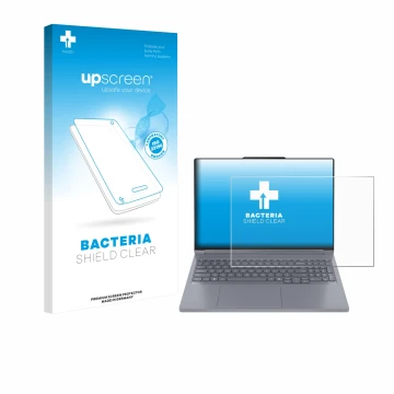 Face avant d’un emballage produit avec le logo de la marque upscreen. À côté, l’appareil Lenovo ThinkBook 16p Gen 6 est représ