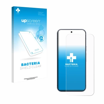 Face avant d’un emballage produit avec le logo de la marque upscreen. À côté, l’appareil Google Pixel 10 Pro XL est représenté