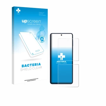 Face avant d’un emballage produit avec le logo de la marque upscreen. À côté, l’appareil Samsung Galaxy Z Flip 7 est représent