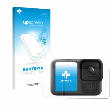 Face avant d’un emballage produit avec le logo de la marque upscreen. À côté, l’appareil GoPro Hero 13 Black Creator Edition e