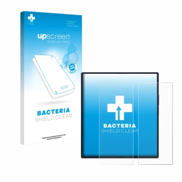 Face avant d’un emballage produit avec le logo de la marque upscreen. À côté, l’appareil Samsung Galaxy Z Fold 7 (Affichage in