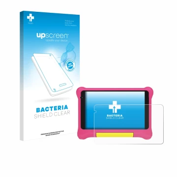 Face avant d’un emballage produit avec le logo de la marque upscreen. À côté, l’appareil Happybe Kids Tablet 7