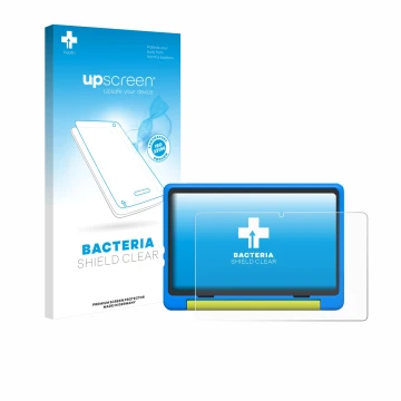 Face avant d’un emballage produit avec le logo de la marque upscreen. À côté, l’appareil Happybe Kids Tablet 10