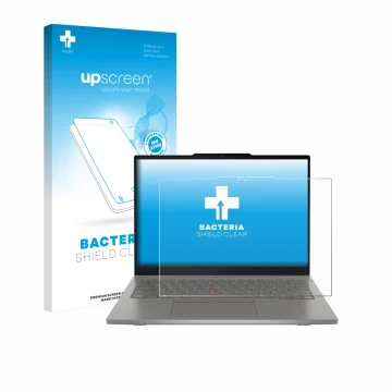 Face avant d’un emballage produit avec le logo de la marque upscreen. À côté, l’appareil Lenovo ThinkPad L13 2-in-1 Gen 6 est 