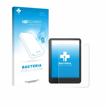 Face avant d’un emballage produit avec le logo de la marque upscreen. À côté, l’appareil Amazon Kindle Colorsoft est représent