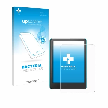 Face avant d’un emballage produit avec le logo de la marque upscreen. À côté, l’appareil Amazon Kindle Colorsoft Kids est repr