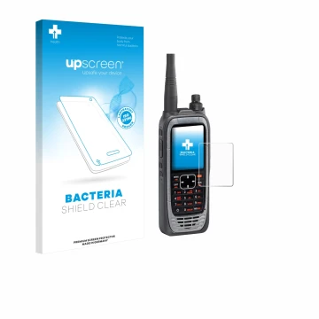 Face avant d’un emballage produit avec le logo de la marque upscreen. À côté, l’appareil Icom IC-A25NE /IC-A25CE est représent