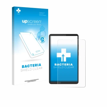 Face avant d’un emballage produit avec le logo de la marque upscreen. À côté, l’appareil Lenovo Tab One 8.7