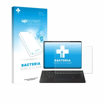 Face avant d’un emballage produit avec le logo de la marque upscreen. À côté, l’appareil Microsoft Surface Pro Copilot+ 13