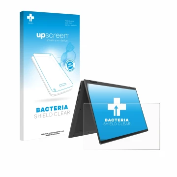 Face avant d’un emballage produit avec le logo de la marque upscreen. À côté, l’appareil Lenovo IdeaPad Flex 5 14ALC05 est rep