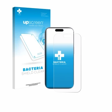 Face avant d’un emballage produit avec le logo de la marque upscreen. À côté, l’appareil Apple iPhone 17 est représenté avec l