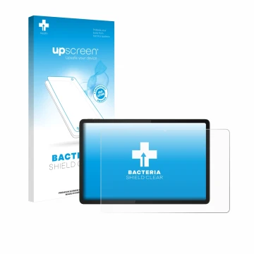 Face avant d’un emballage produit avec le logo de la marque upscreen. À côté, l’appareil Lenovo Tab K11e est représenté avec l