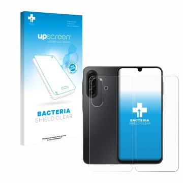 Face avant d’un emballage produit avec le logo de la marque upscreen. À côté, l’appareil Samsung Galaxy A17 5G (Avant+Arrière)