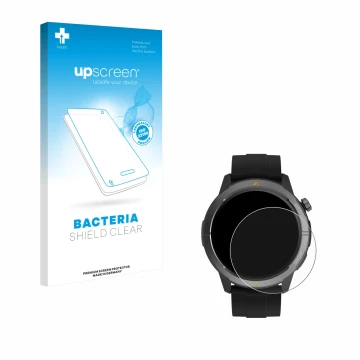 Face avant d’un emballage produit avec le logo de la marque upscreen. À côté, l’appareil AGM Legion Watch 1.43