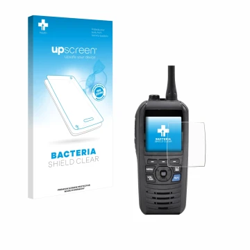 Face avant d’un emballage produit avec le logo de la marque upscreen. À côté, l’appareil Icom IC-M94D est représenté avec la p