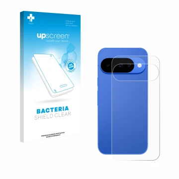 Face avant d’un emballage produit avec le logo de la marque upscreen. À côté, l’appareil Google Pixel 10 (Arrière) est représe